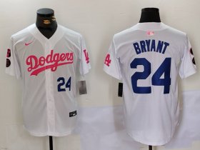 Cheap Men\'s Los Angeles Dodgers #24 Kobe Bryant White Pink Vin & Kobe Patch Stitched Baseball Jersey