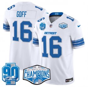 Cheap Men\'s Detroit Lions #16 Jared Goff White 2024 NFC North Champions 90th Anniversary Patch F.U.S.E. Vapor Limited Stitched Jersey