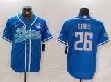 Cheap Men's Detroit Lions #26 Jahmyr Gibbs Blue With 90th Anniversary Patch Cool Base Stitched Baseball Jersey