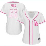 Wholesale Cheap Dodgers #66 Yasiel Puig White/Pink Fashion Women's Stitched MLB Jersey