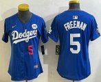 Cheap Women's Los Angeles Dodgers #5 Freddie Freeman Number Blue 2024 World Series With Fernando 34 Patch Limited Stitched Jersey