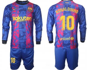 Wholesale Cheap Men 2021-2022 Club Barcelona Second away blue Long Sleeve 10 Soccer Jersey