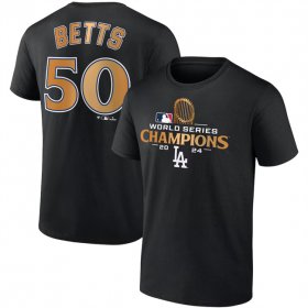 Cheap Men\'s Los Angeles Dodgers #50 Mookie Betts Black 2024 World Series Champions Name & Number T-Shirt