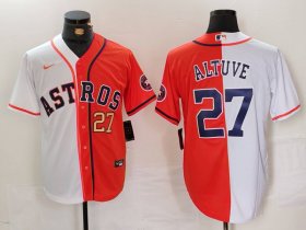 Cheap Men\'s Houston Astros #27 Jose Altuve White Orange Blue Number Split Stitched Baseball Jerseys