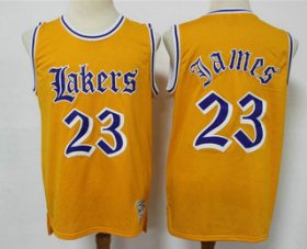 Wholesale Cheap Men\'s Los Angeles Lakers #23 LeBron James Yellow English Version Hardwood Classics Soul Swingman Throwback Jersey