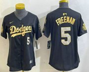 Cheap Women's Los Men's Los Angeles Dodgers #5 Freddie Freeman Black Gold 2024 World Series 34 Patch Stitched Cool Base Jersey