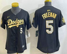 Cheap Women\'s Los Men\'s Los Angeles Dodgers #5 Freddie Freeman Black Gold 2024 World Series 34 Patch Stitched Cool Base Jersey