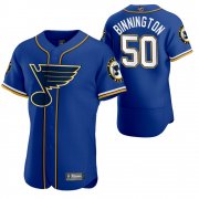 Wholesale Cheap St. Louis Blues #50 Jordan Binnington Men's 2020 NHL x MLB Crossover Edition Baseball Jersey Blue