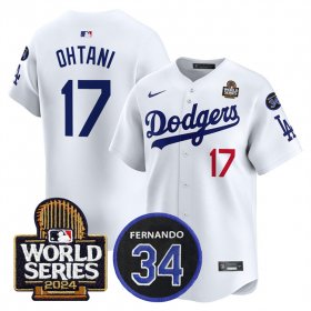 Cheap Men\'s Los Angeles Dodgers #17 Shohei Ohtani White 2024 World Series With Fernando Memorial Patch Limited Stitched Baseball Jersey