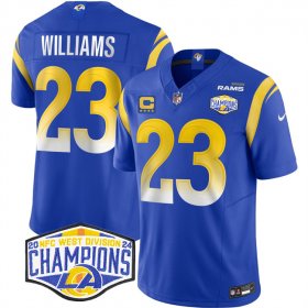 Cheap Men\'s Los Angeles Rams #23 Kyren Williams Blue 2024 NFC West Champions With 4-Star C Patch F.U.S.E. Vapor Untouchable Stitched Football Jersey