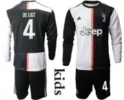 Wholesale Cheap Juventus #4 De Ligt Home Long Sleeves Kid Soccer Club Jersey