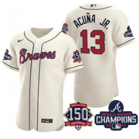 Wholesale Cheap Men\'s Cream Atlanta Braves #13 Ronald Acuna Jr. 2021 World Series Champions With 150th Anniversary Flex Base Stitched Jersey