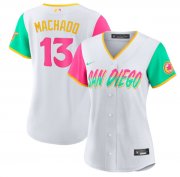 Wholesale Cheap Women's San Diego Padres #13 Manny Machado White 2022 City Connect Cool Base Stitched Baseball Jersey(Run Small)