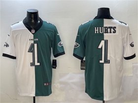 Cheap Men\'s Philadelphia Eagles #1 Jalen Hurts White & Green Split Vapor Untouchable Limited Football Stitched Jersey