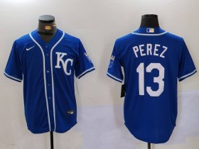 Cheap Men\'s Kansas City Royals #13 Salvador Perez Blue KC Cool Base Stitched Jersey