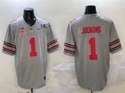 Cheap Men's Ohio State Buckeyes #1 Quinshon Judkins Grey 2025 CFP Final With National Champions Patch F.U.S.E. Vapor Limited Stitched Football Jersey