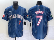 Wholesale Cheap Men's Mexico Baseball #7 Julio Urias Number Navy Blue Pinstripe 2020 World Series Cool Base Nike Jersey3