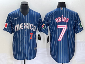 Wholesale Cheap Men\'s Mexico Baseball #7 Julio Urias Number Navy Blue Pinstripe 2020 World Series Cool Base Nike Jersey3