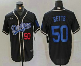 Cheap Men\'s Los Angeles Dodgers #50 Mookie Betts Number Black Cool Base With Patch Stitched Baseball Jersey