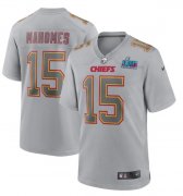 Wholesale Cheap Men's Kansas City Chiefs #15 Patrick Mahomes Gray Super Bowl LVII Patch Atmosphere Fashion Stitched Game Jersey