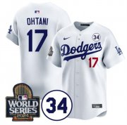 Cheap Men's Los Angeles Dodgers #17 Shohei Ohtani White 2024 World Series With No. 34 Patch Limited Stitched Baseball Jersey