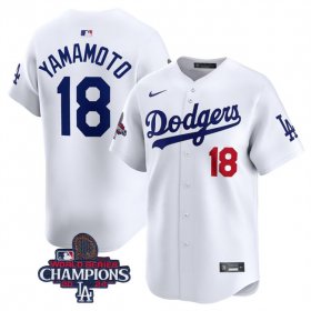 Cheap Men\'s Los Angeles Dodgers #18 Yoshinobu Yamamoto White 2024 World Series Champions Home Limited Stitched Baseball Jersey