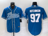 Cheap Men's Detroit Lions #97 Aidan Hutchinson Blue With Patch Cool Base Stitched Baseball Jersey