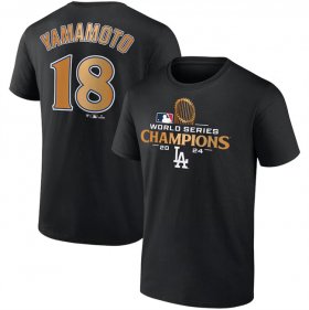 Cheap Men\'s Los Angeles Dodgers #18 Yoshinobu Yamamoto Black 2024 World Series Champions Name & Number T-Shirt