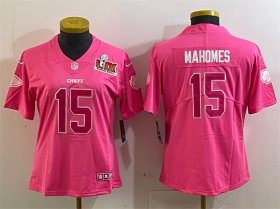 Women\'s Kansas City Chiefs #15 Patrick Mahomes Pink 2025 Super Bowl LIX Patch Vapor Untouchable Limited Stitched Football Jersey(Run Small)