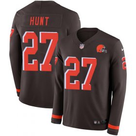 Wholesale Cheap Nike Browns #27 Kareem Hunt Brown Team Color Men\'s Stitched NFL Limited Therma Long Sleeve Jersey