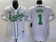 Wholesale Cheap Men's Philadelphia Eagles #1 Jalen Hurts White C Patch Cool Base Stitched Baseball Jersey1