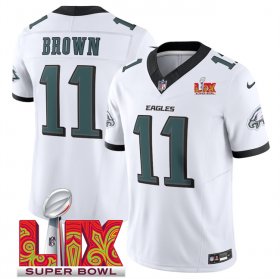 Men\'s Philadelphia Eagles #11 A.J. Brown White 2025 Super Bowl LIX Patch New F.U.S.E. Vapor Untouchable Limited Stitched Football Jersey