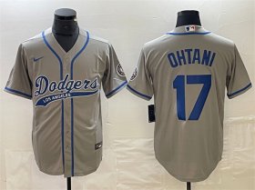 Cheap Men\'s Los Angeles Dodgers #17 Shohei Ohtani Gray Cool Base With Patch Stitched Baseball Jersey