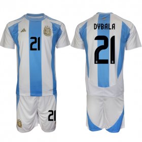 Cheap Men\'s Argentina #21 Dybala White Blue 2024-25 Home Soccer Jersey Suit