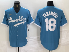 Cheap Men\'s Brooklyn Dodgers #18 Yoshinobu Yamamoto Light Blue Cooperstown Collection Cool Base Jersey