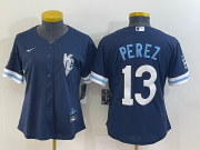 Wholesale Cheap Women's Kansas City Royals #13 Salvador Perez 2022 Navy Blue City Connect Cool Base Stitched Jersey