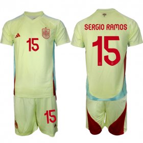 Men\'s Spain Team #15 Sergio Ramos 2024-25 Yellow Away Soccer Jersey Suit