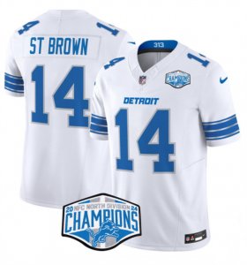 Cheap Men\'s Detroit Lions #14 Amon-Ra St. Brown White 2024 NFC North Champions F.U.S.E. Vapor Limited Stitched Jersey