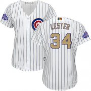 Wholesale Cheap Cubs #34 Jon Lester White(Blue Strip) 2017 Gold Program Cool Base Women's Stitched MLB Jersey