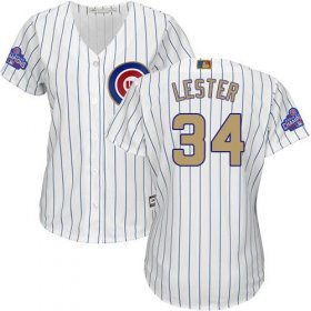 Wholesale Cheap Cubs #34 Jon Lester White(Blue Strip) 2017 Gold Program Cool Base Women\'s Stitched MLB Jersey