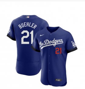 Wholesale Cheap Men\'s Los Angeles Dodgers #21 Walker Buehler Blue 2021 City Connect Flex Base Stitched Jersey