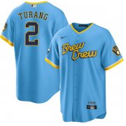 Cheap Men's Milwaukee Brewers #2 Brice Turang Blue 2022 City Connect Cool Base Stitched Jersey