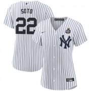 Cheap Women's New York Yankees #22 Juan Soto White 2024 World Series With Name Cool Base Stitched Baseball Jersey(Run Small)