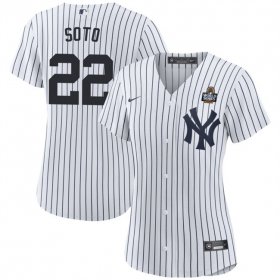 Cheap Women\'s New York Yankees #22 Juan Soto White 2024 World Series With Name Cool Base Stitched Baseball Jersey(Run Small)