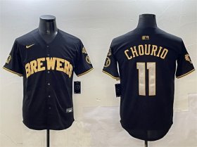 Cheap Men\'s Milwaukee Brewers #11 Jackson Chourio Black Gold With Home Patch Limited Stitched Baseball Jersey