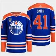 Cheap Men's Edmonton Oilers #41 Mike Smith Royal 2024 Stanley Cup Final Patch Stitched Jersey