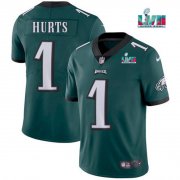 Wholesale Cheap Men's Philadelphia Eagles #1 Jalen Hurts Green Super Bowl LVII Patch Vapor Untouchable Limited Stitched Jersey