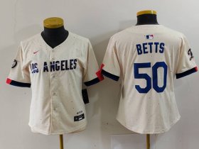 Cheap Women\'s Los Angeles Dodgers #50 Mookie Betts Cream 2024 City Connect Limited Stitched Jersey