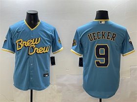 Cheap Men\'s Milwaukee Brewers #9 Bob Uecker Powder Blue City Connect With Patch Cool Base Stitched Jersey