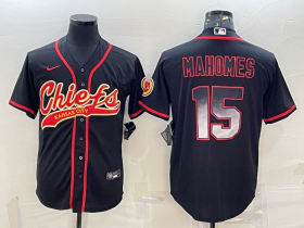 Wholesale Cheap Men\'s Kansas City Chiefs #15 Patrick Mahomes Black Gold With Patch Smoke Cool Base Stitched Baseball Jersey